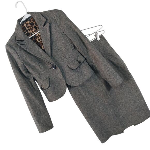 EXPRESS DESIGN STUDIO! DEEP BROWN, CREAM TWEEDY LEOPARD LINED SKIRT SUIT! SZ 0 - Picture 1 of 13